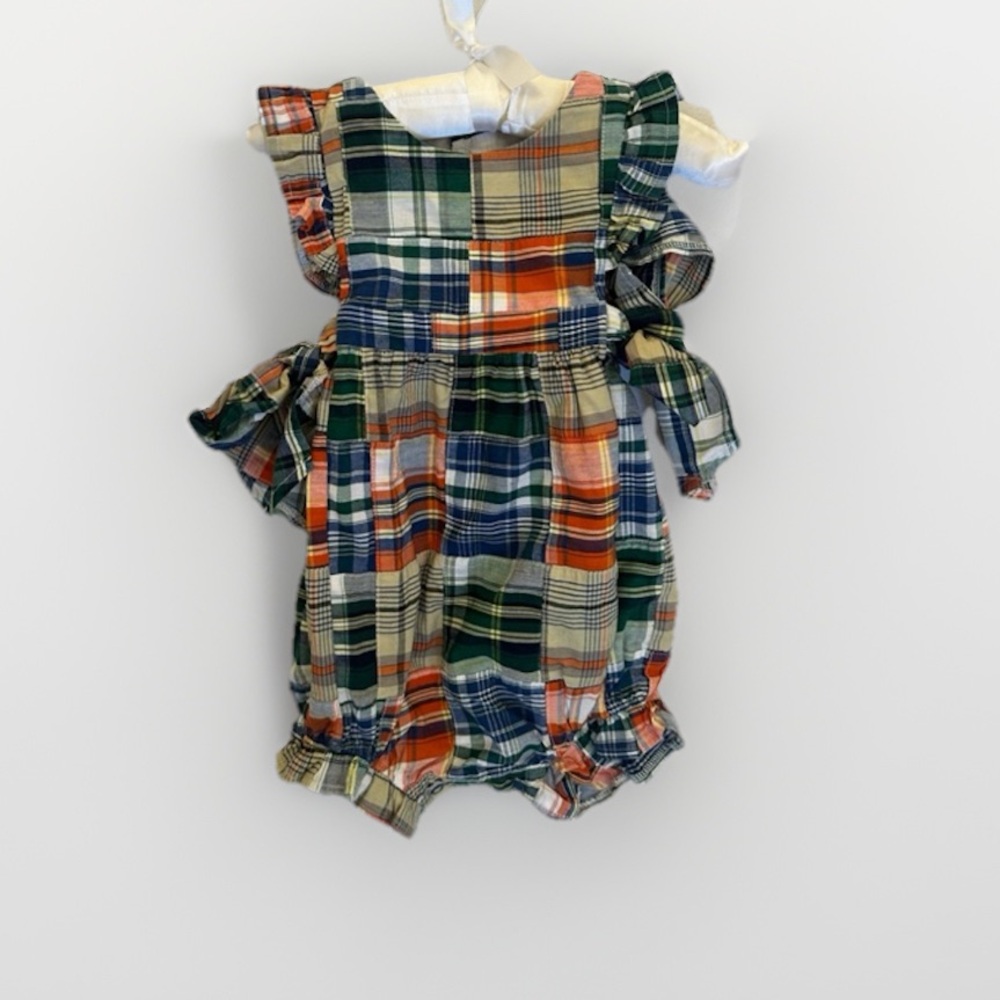 Kelly's Kids Plaid Baby Romper Bow Sides‎ Ruffle Sleeve Orange Blue Size 12M